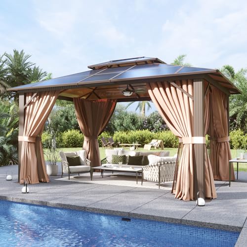 Aoxun 12'x10' Hardtop Gazebo, Aluminum Frame Permanent Pavilion with Curtains and Netting, Outdoor Polycarbonate Double Roof Canopy