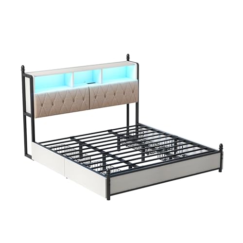 AMERLIFE Full Size Bed Frame with Bookcase Headboard, 4 Storage Drawers, Wooden Platform Bed with Charging Station & LED Light, No Box Spring Needed