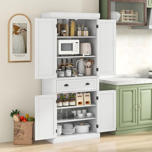 Tangkula 72" H Kitchen Pantry Cupboard Cabinet, Traditional Freestanding Large Tall Storage Cabinet with 2 Cabinets and Drawer, Adjustable Shelves