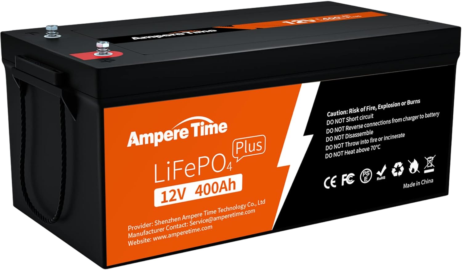 Ampere Time 12V 400Ah Deep Cycle LiFePO4 Battery Pack, with Built-in 250A BMS, Longer Runtime with 5.12kWh, 4000+ Cycle, Perfect for Solar System, RV