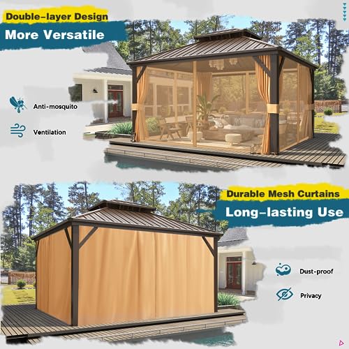 MELLCOM 10'x13' Hardtop Gazebo with Polycarbonate Double Roof, Aluminum Frame Outdoor Gazebo Permanent Pavilion with Curtains and Netting for Patio