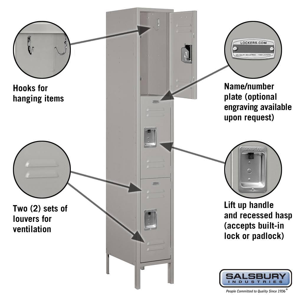 Salsbury Industries 18-53168gy-a 18x22 Wide Triple Tier Standard Metal Locker - 1 Wide - 6 Feet High - 18 Inches Deep - Gray - A