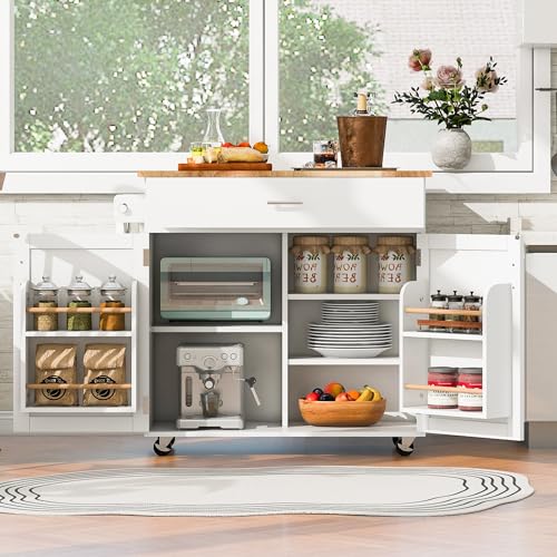 53.5''Farmhouse Kitchen Island with Power Outlet, Kitchen Storage Island with Drop Leaf, Spice Rack and Drawer, Rolling Kitchen Cart on Wheels