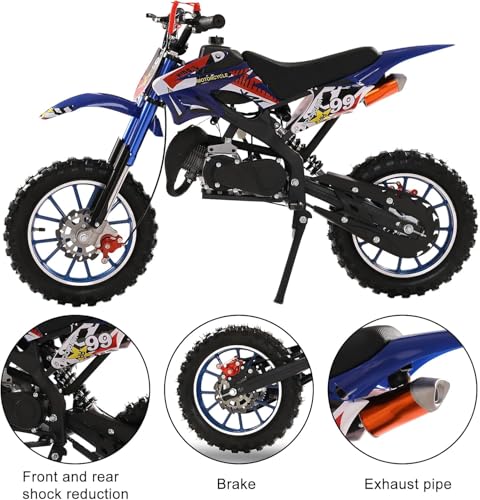 49cc Kids Dirt Bike, 2-Stroke Gas Powered Mini Motocross Motorcycle, Off-Road Dirtbike for Kids 5-14 with Front/Rear Disc Brakes, Shock Absorption
