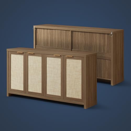 Hampstead Rattan 4-Door Storage Sideboard Cabinets with Adjustable Shelves, Boho Accent Buffet Cupboard Console for Kitchen, Living Room, and Hallway