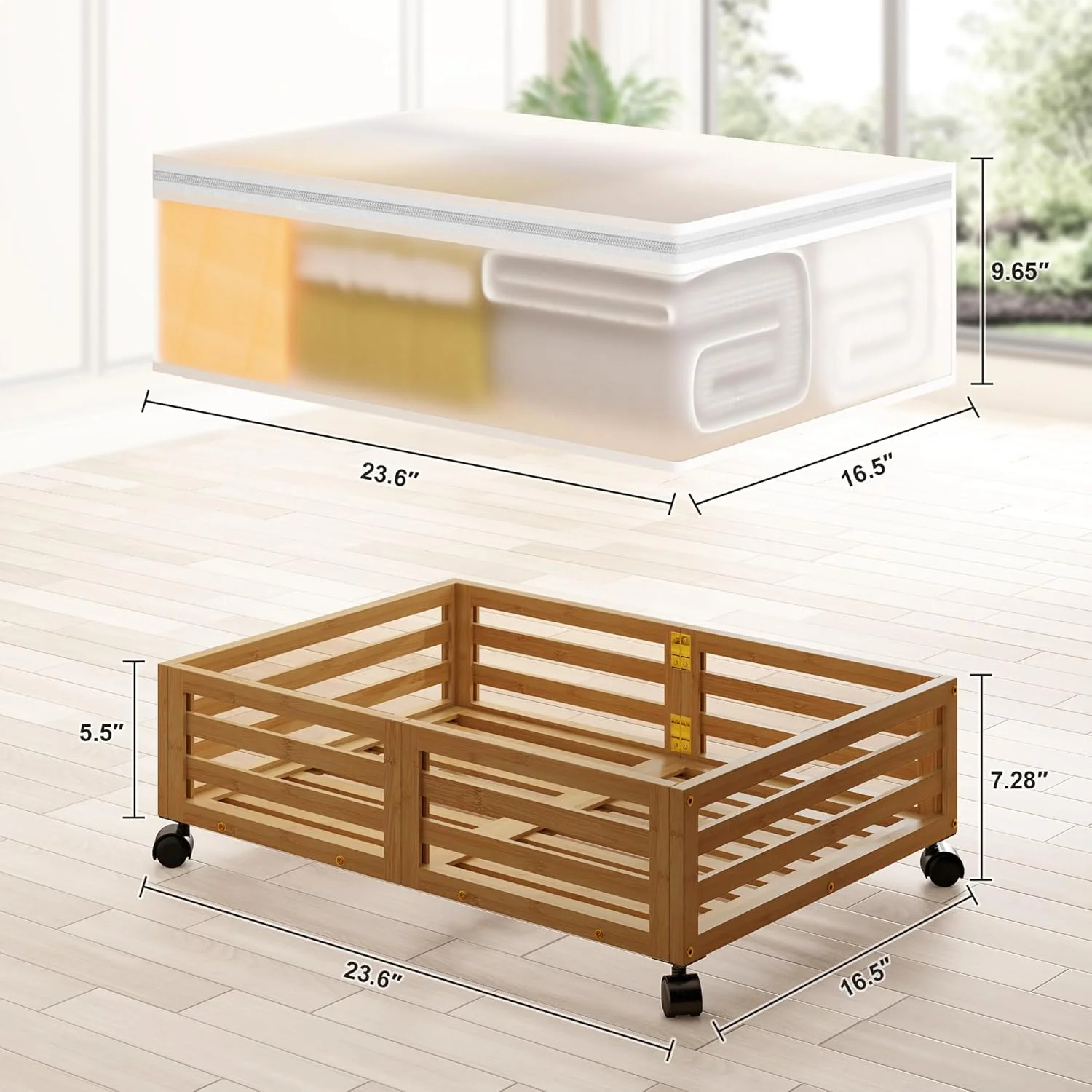 Under Bed Storage Containers With Wheels - 2 Pcs Bamboo Wood Rolling Underbed Shoe Storage Bins With Dust Bags for Clothes Blankets