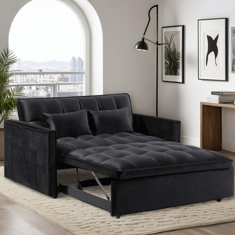 3 in 1 Sleeper Sofa Bed, Futon Sofa Bed for Living Room with Side Pocket, Black Sleepers Sofa Couch with Pullout Bed