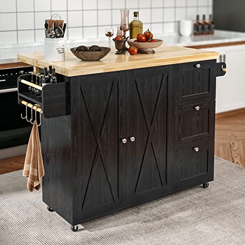 IRONCK Rolling Kitchen Island Cart with Drop-Leaf Countertop, Barn 3Drawers, Barn Door Style Cabine,Thicker Rubberwood Top, Spice Rack, on Wheels