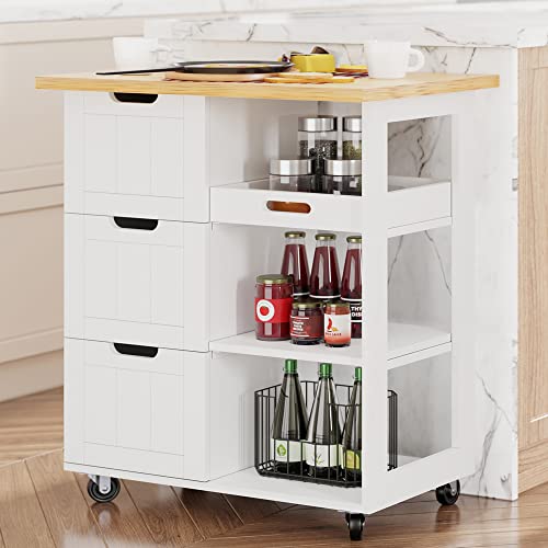 Shintenchi Rolling Kitchen Island Cart with Folding Drop Leaf Breakfast Bar, Portable Trolley Island with Large Storage Cabinet, Shelf and Drawer