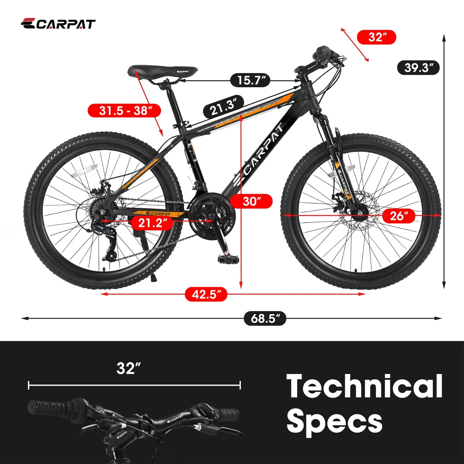 26 Mountain Bike for Adult, 21 Speed MTB with High-carbon Steel Frame, Orange