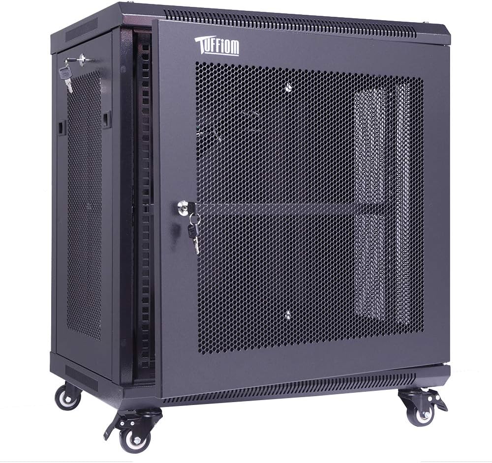 TUFFIOM 12U Casters Network Enclosure, 19 Inch Consumer Series Server Equipment Rack, Computer Date IT Network Cabinet Include 3 Side Panel Locks