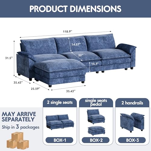 Homall 119" Modular Sectional Sofa, L Shaped Sofa Couch with Reversible Ottoman, DIY Combination Chenille Deep 3-Seat Cloud Couch for Living Room