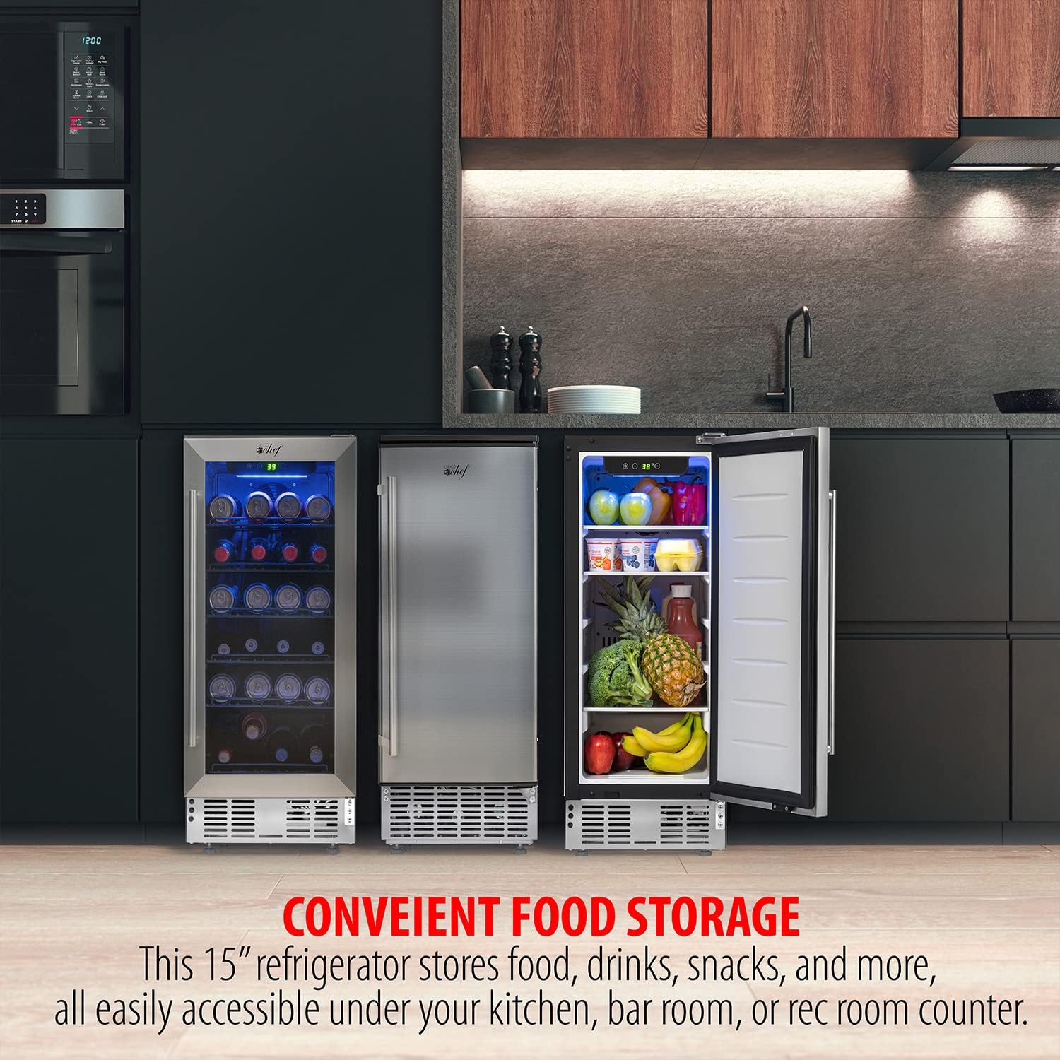 Deco Chef 15-Inch Under Counter Mini Fridge, Stainless Steel Finish, Adjustable Digital Thermostat, 32F to 50F, Refrigerator for Food, Snacks, Sodas