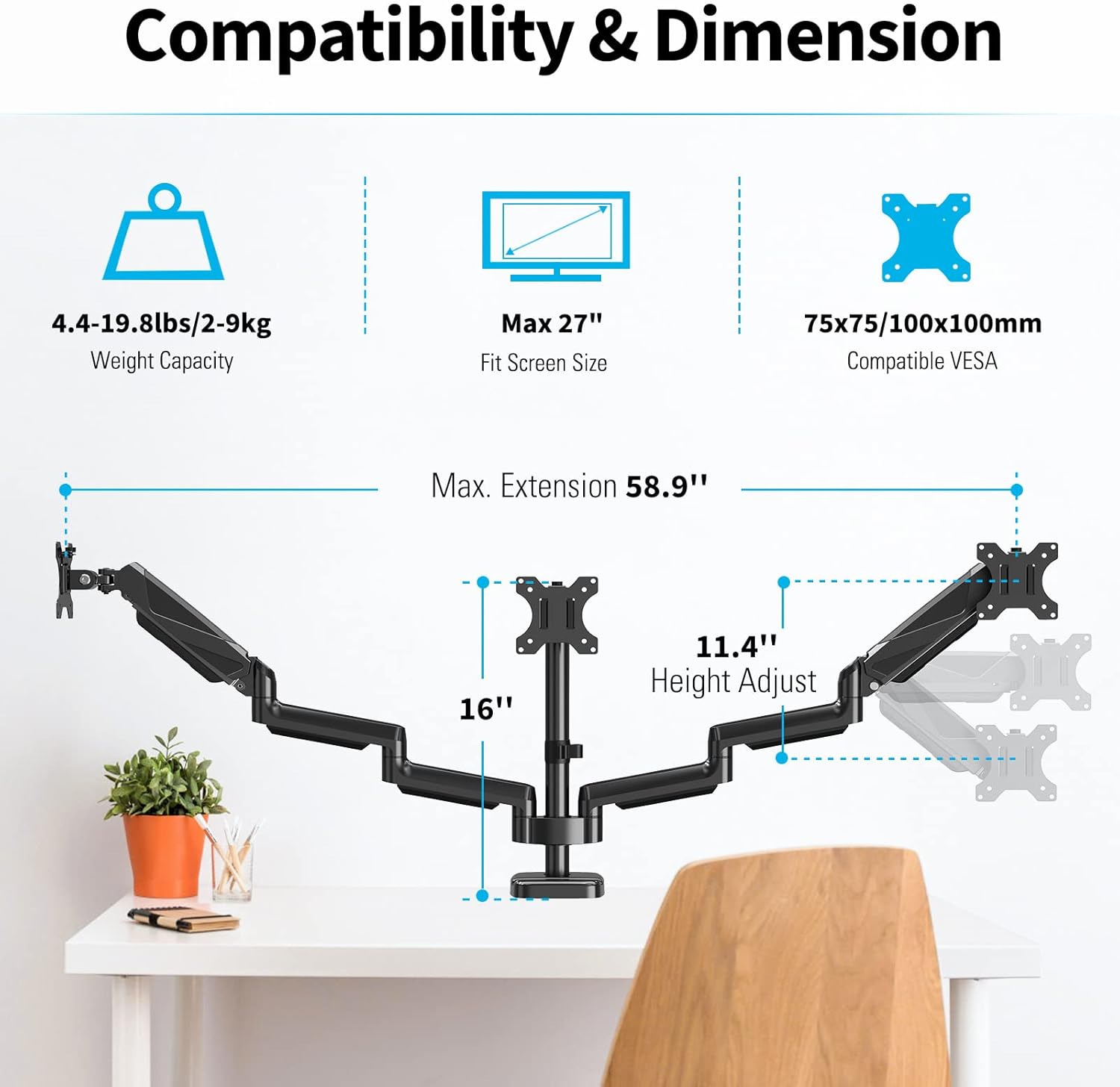MOUNTUP Triple Monitor Mount - Monitor Desk Mount for 3 Computer Screens Up to 27 inch, Triple Monitor Arm with Gas Spring, Heavy Duty Monitor Stand