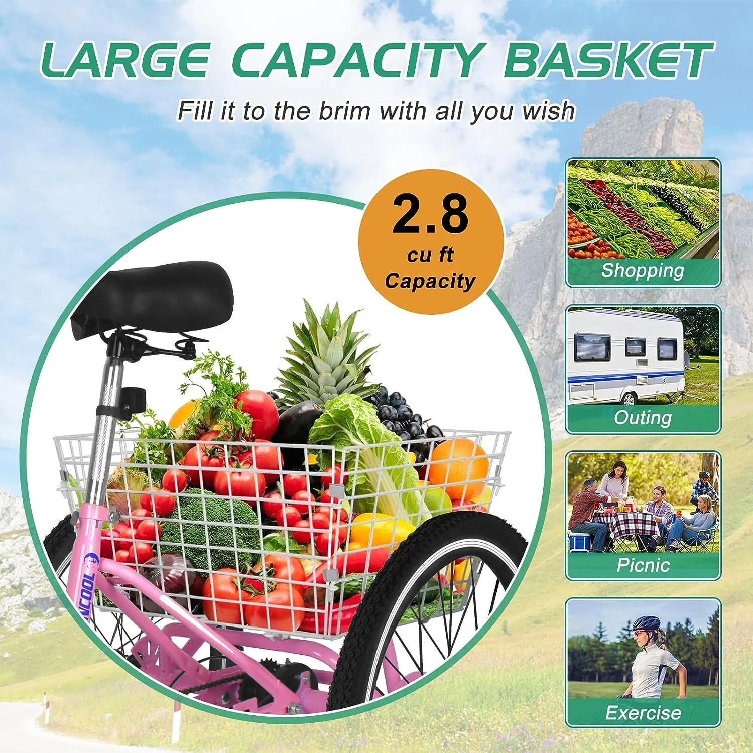 MOONCOOL Adult Folding Tricycle for Adults, 7 Speed 20/24/26 inch 3 Wheels Bikes with Basket, Foldable Tricycle for Adults, Women, Men, Seniors