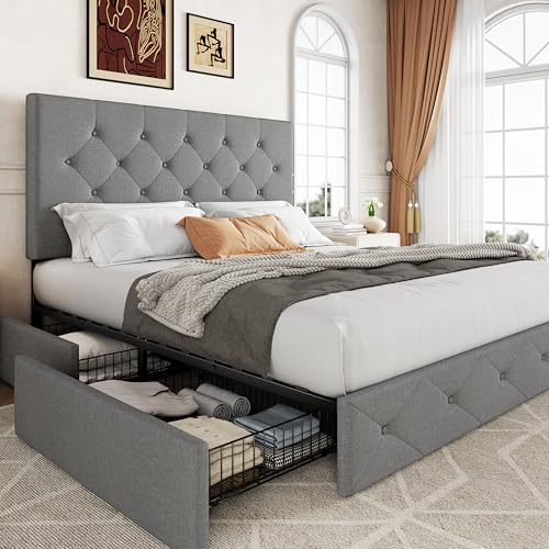 Allewie Upholstered Queen Size Platform Bed Frame with 4 Storage Drawers and Headboard, Square Stitched Button Tufted