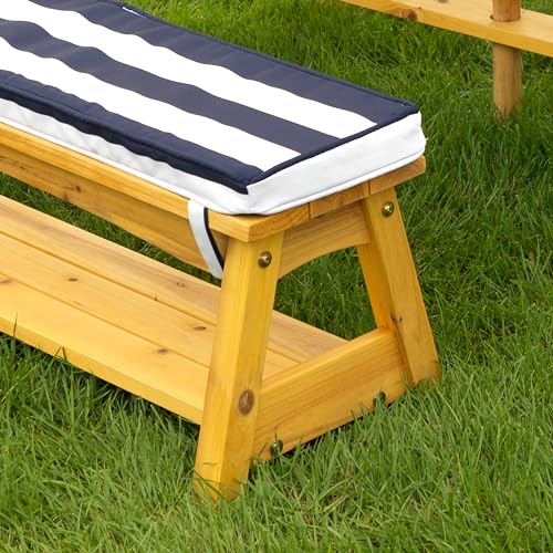 KidKraft Outdoor Wooden Table & Bench Set with Cushions and Umbrella, Kids Backyard Furniture, Navy and White Stripe Fabric