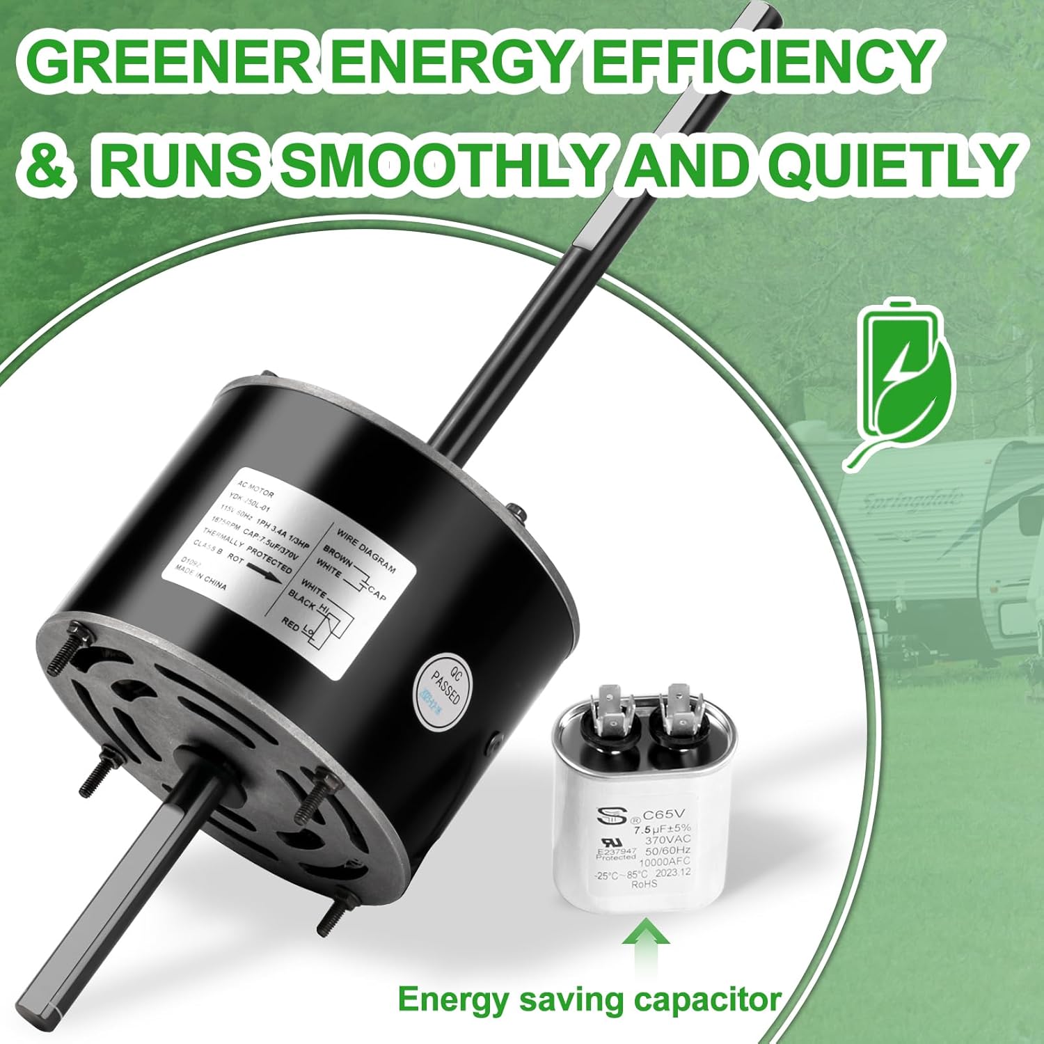 RV Air Conditioner Motor with Capacitor, Direct Replacement for Coleman Mach RV AC Fan Motor, Replaces Fasco D1092, 1/3 HP, 115 Volts, 1675 RPM