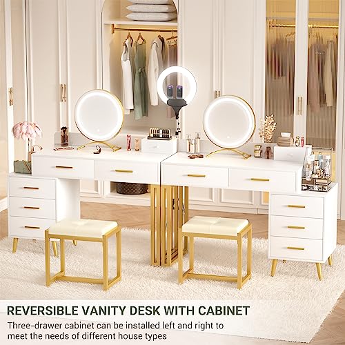 White Vanity Desk with Mirror and Lights, Modern Makeup Vanity Table Set with 6 Storage Drawers and Cushioned Stool for Bedroom