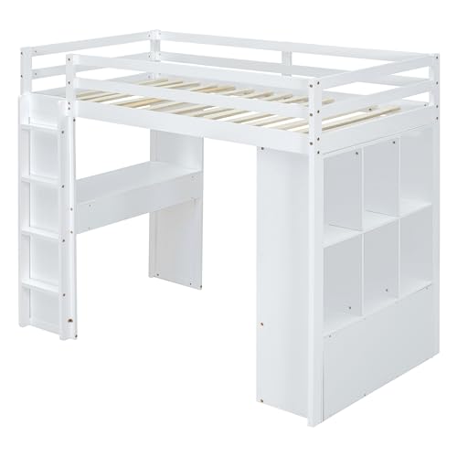 Full Size Loft Bed with Desk & Wardrobe, Solid Wood Kids Loft Bedframe w/3 Storage Drawers & 2 Shelves, Maximum Space Design, for Bedroom, Dorm, Gray
