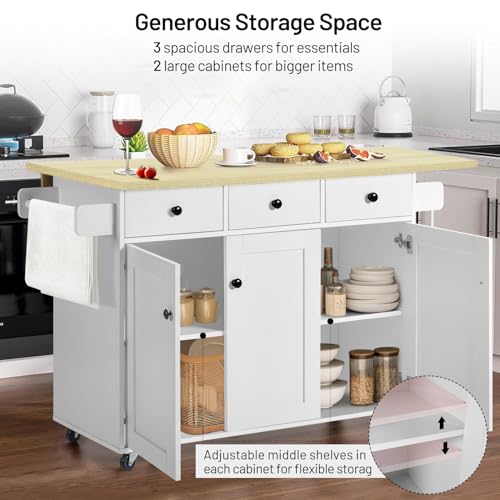FurnitureR Mobile Kitchen Island Cart with Drop Leaf – Rolling Storage Cabinet, Light Oak Top