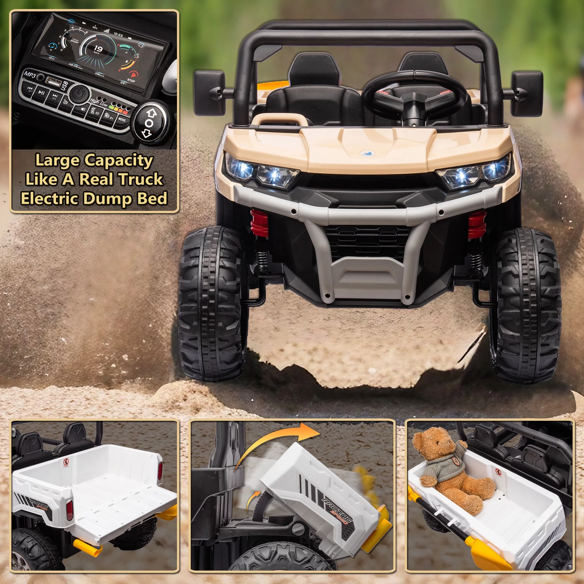 24V 2 Seater Kids Ride on Car Truck, Ride On UTV with 2x200W Motor Ride On Dump Truck, Ride On Car with Dump Bed/Shovel