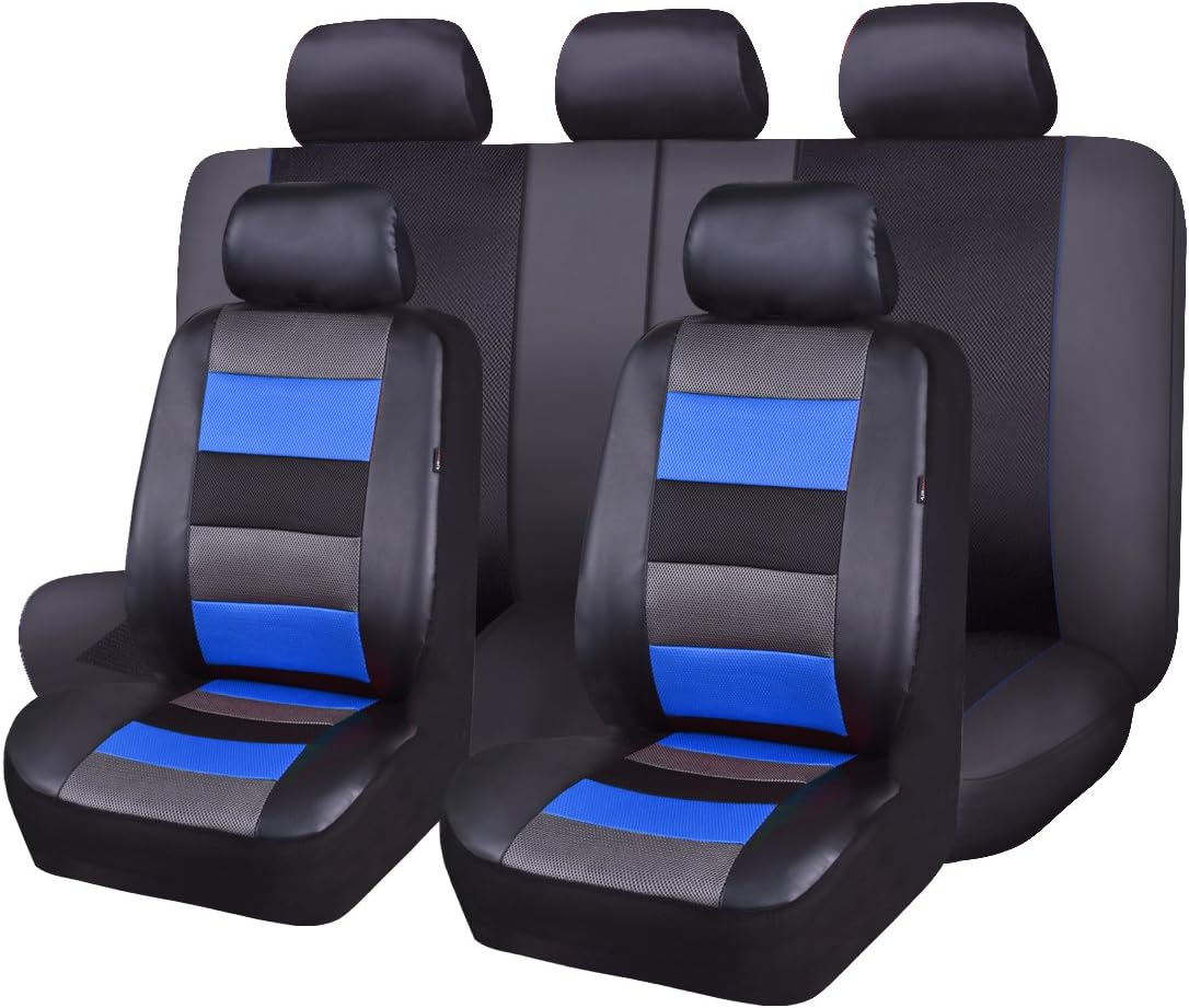 Flying Banner Car Seat Covers Full Set Front Seats and Rear Bench Black Leather and Red Fabric Mesh Cover Breathable Black with Grey and red Color
