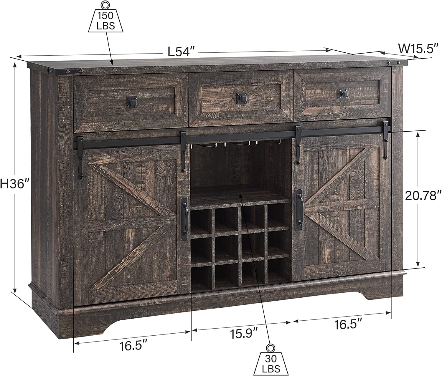 OKD Farmhouse Coffee Bar Cabinet Sideboard Buffet with Wine and Glass Rack, Drawers, Storage Shelves for Dining Room, Living Room