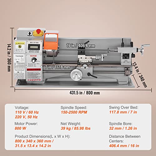 VEVOR Mini Metal Lathe Machine, 7'' x 16'', 800W Precision Benchtop Power Metal Lathe, 150-2500 RPM Continuously Variable Speed