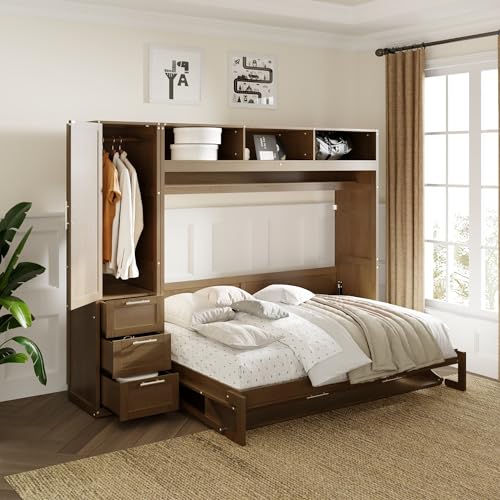 Queen Size Murphy Bed Wall Bed with Desk and Closet,Drawers and Shelves,for Small Spaces Studio Study Office Guest Room Use (Gray#Desk, Queen)