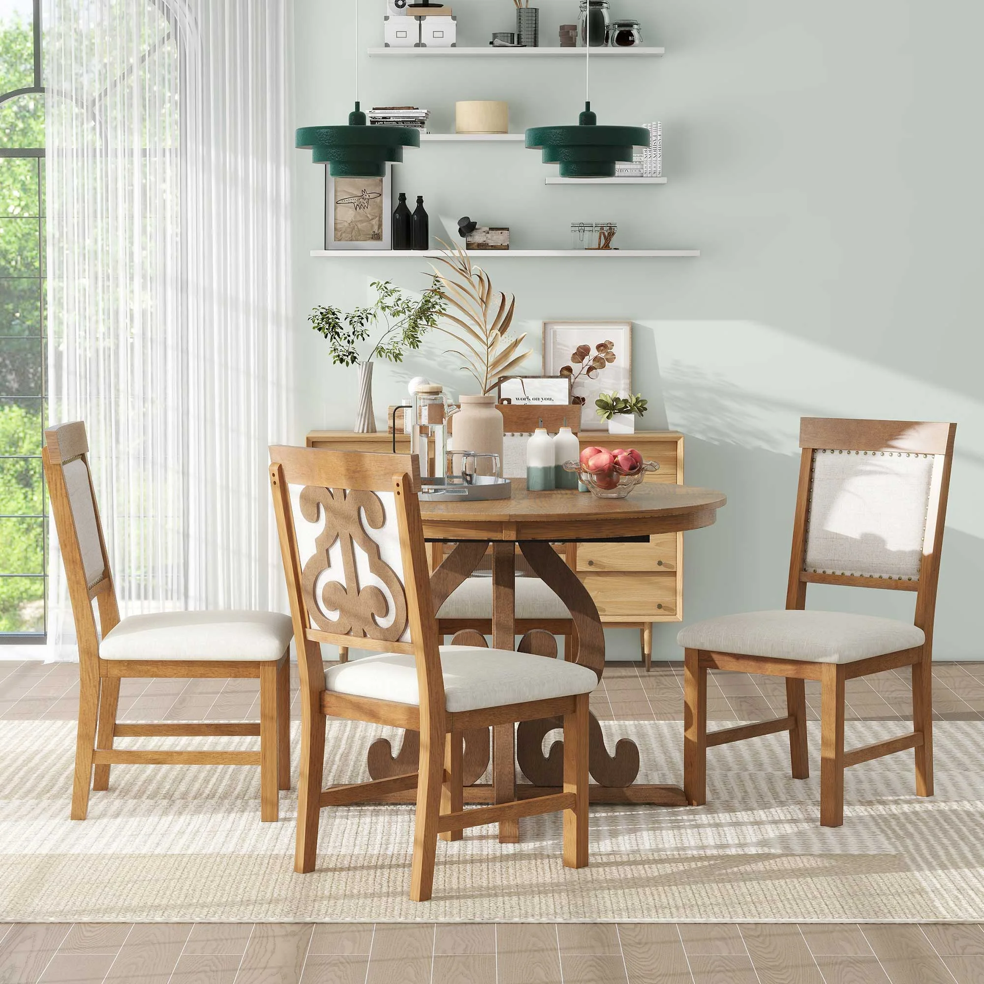 Dining Table Set for 4, Atumon Dining Room Set with Extendable Round Table and 4 Upholstered Dining Chairs