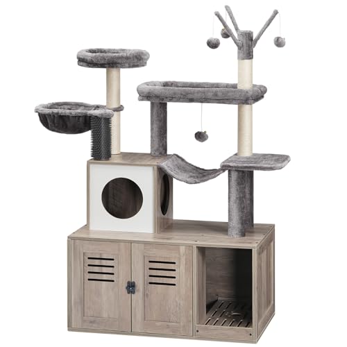 HOOBRO Large Hidden Litter Box, Cat Tree with 30.7'' Long Litter Box Enclosure, Modern Cat Tower, Cat Condos with Scratching Posts, Rubbing Post