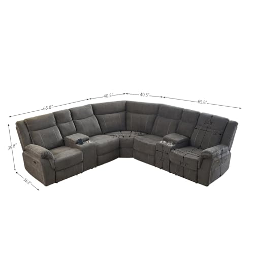 Power Recliner Sofa, Grey Fabric Reclining Sectional Couches with Two Recliners, Cup Holders, Storage Console for Home (Power Reclining)