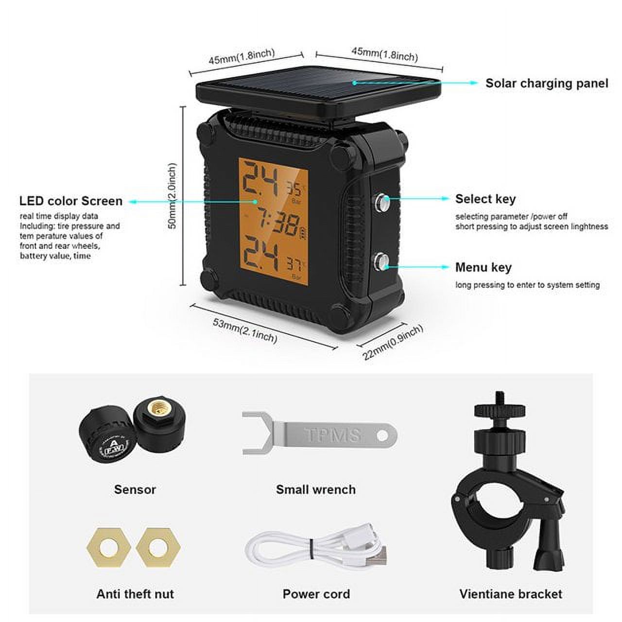 Wireless Tire Pressure Monitoring System (TPMS) for Bicycles and Motorcycles 2-tire Vehicles, Including 2 External Cap sensors