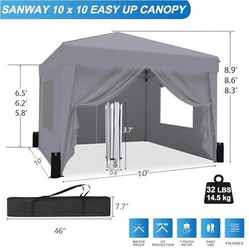 SANWAY 10x10 Pop Up Canopy Tent with Sidewalls x 4 &ndash; Easy Setup Canopy Tent, Waterproof, UV-Resistant