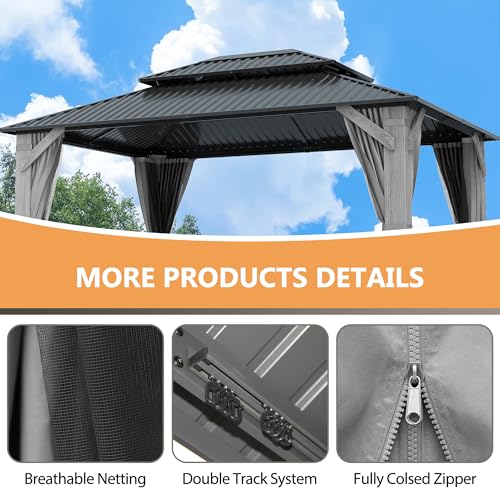 12'x12' Hardtop Gazebo, Outdoor Double Roof Galvanized Steel Gazebos, Aluminum Frame Permanent Pavilion with Curtains & Netting for Backyard, Patio