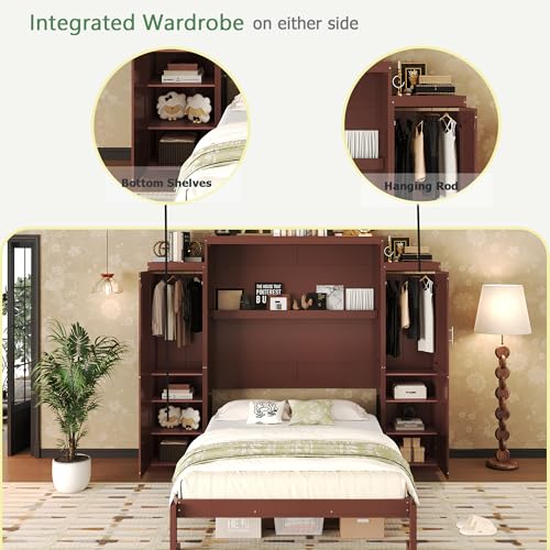 Polib Full Size Murphy Bed with Two Wardrobes and Storage Shelf, Space-Saving Wall Cabinet Bed with Foldable Platform Bedframe for Small Bedrooms