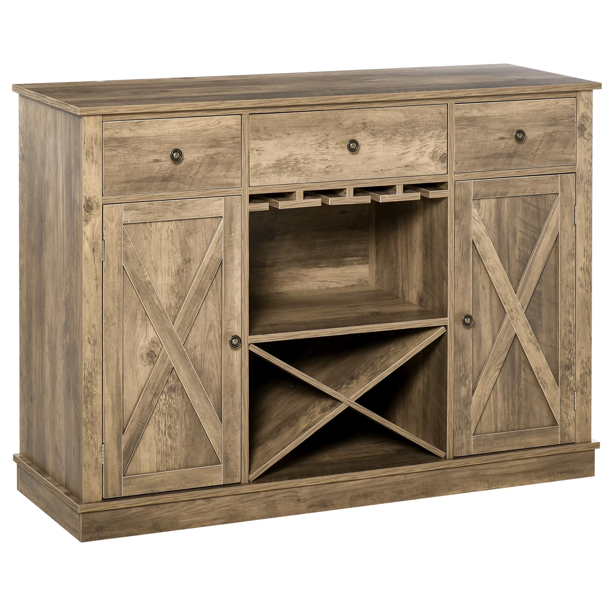 HOMCOM Farmhouse Coffee Bar Cabinet, Wine Cabinet with 3 Drawers, x-Shaped Wine Rack, Rustic Oak Grain