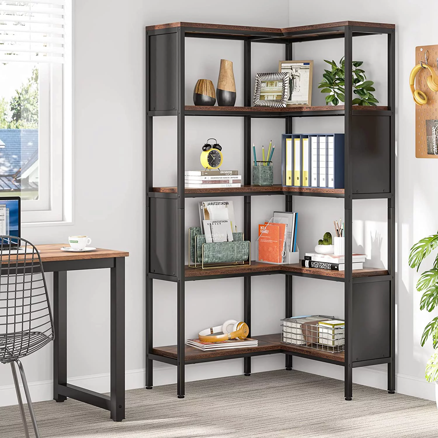 KHBIULIFE 5- Corner Bookshelf  Industrial 5-Tier L-Shaped Bookcase with Safety Baffles  Large Corner Book Shelves  Display Rack for Home Office