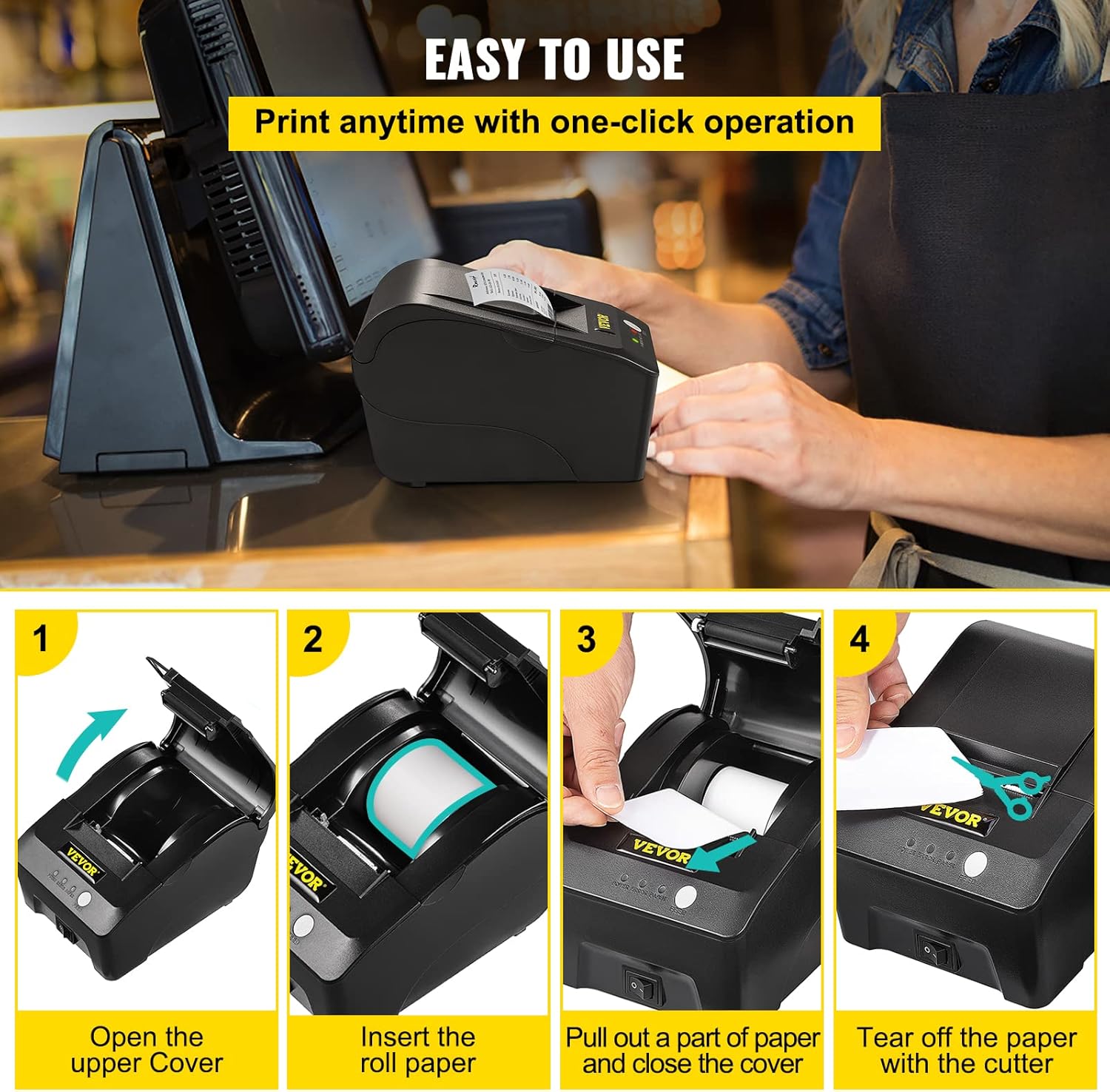 VEVOR Printer Receipt, 58mm Thermal Printer, USB Port Printer, ESC/POS Command Thermal Receipt Printer, Portable for Bank, Supermarket, Office