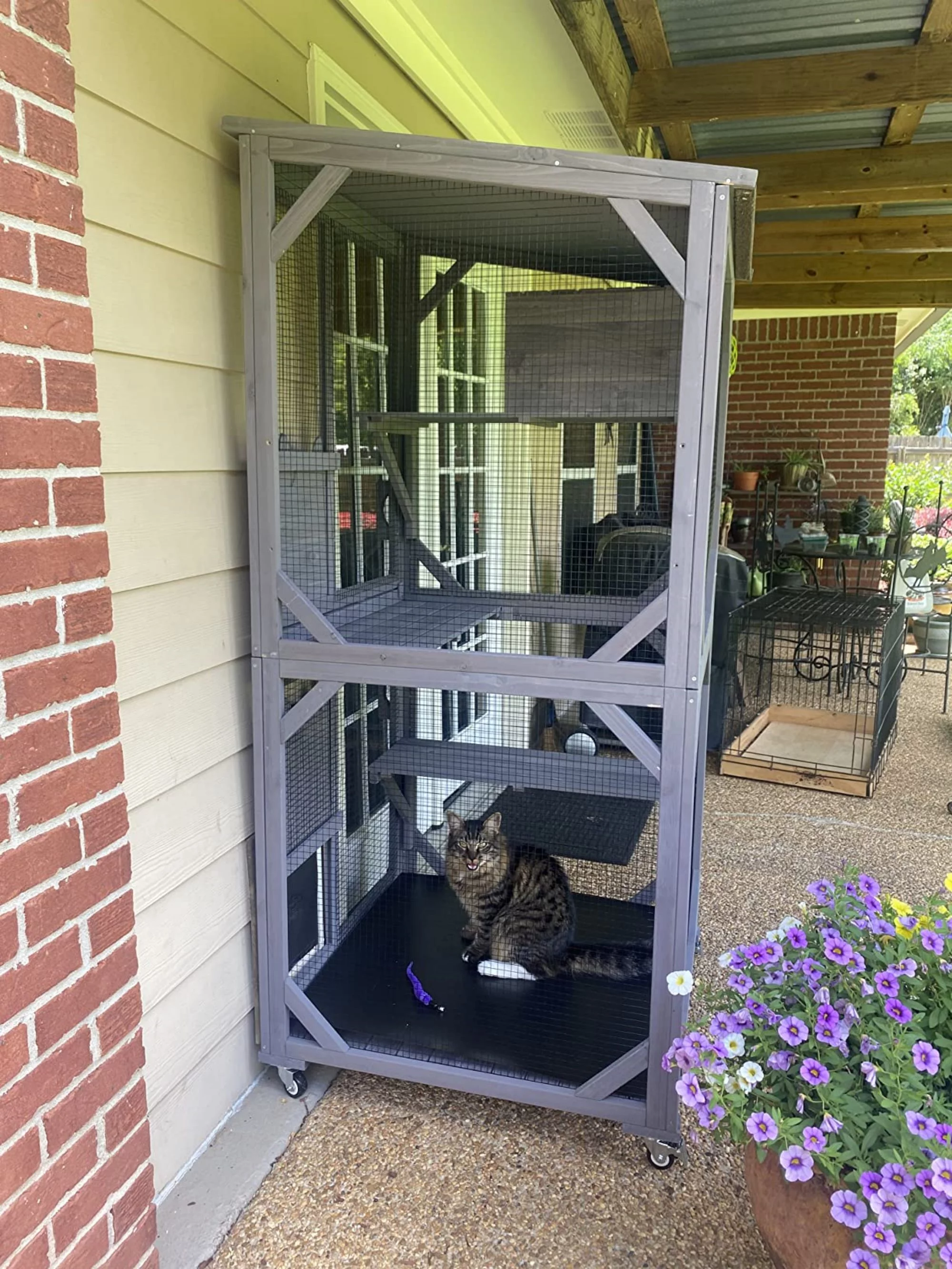 Morgete Catio Outdoor Cat House Wooden Cat Enclosure Resting Box with 3 Platforms, 71 inch Kitten Condo