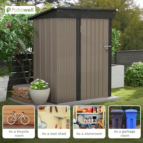 Patiowell 5x3 FT Outdoor Storage Shed, Tool Shed with Sloping Roof and Lockable Door, Metal Shed for Backyard Garden Patio Lawn, Brown