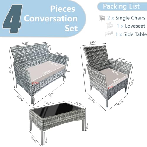 PatLoom 4-Piece Outdoor Furniture Set,Dark Grey Rattan Wicker Patio Sofa,Elegant Patio Conversation Set with Glass Top Coffee Table for Garden