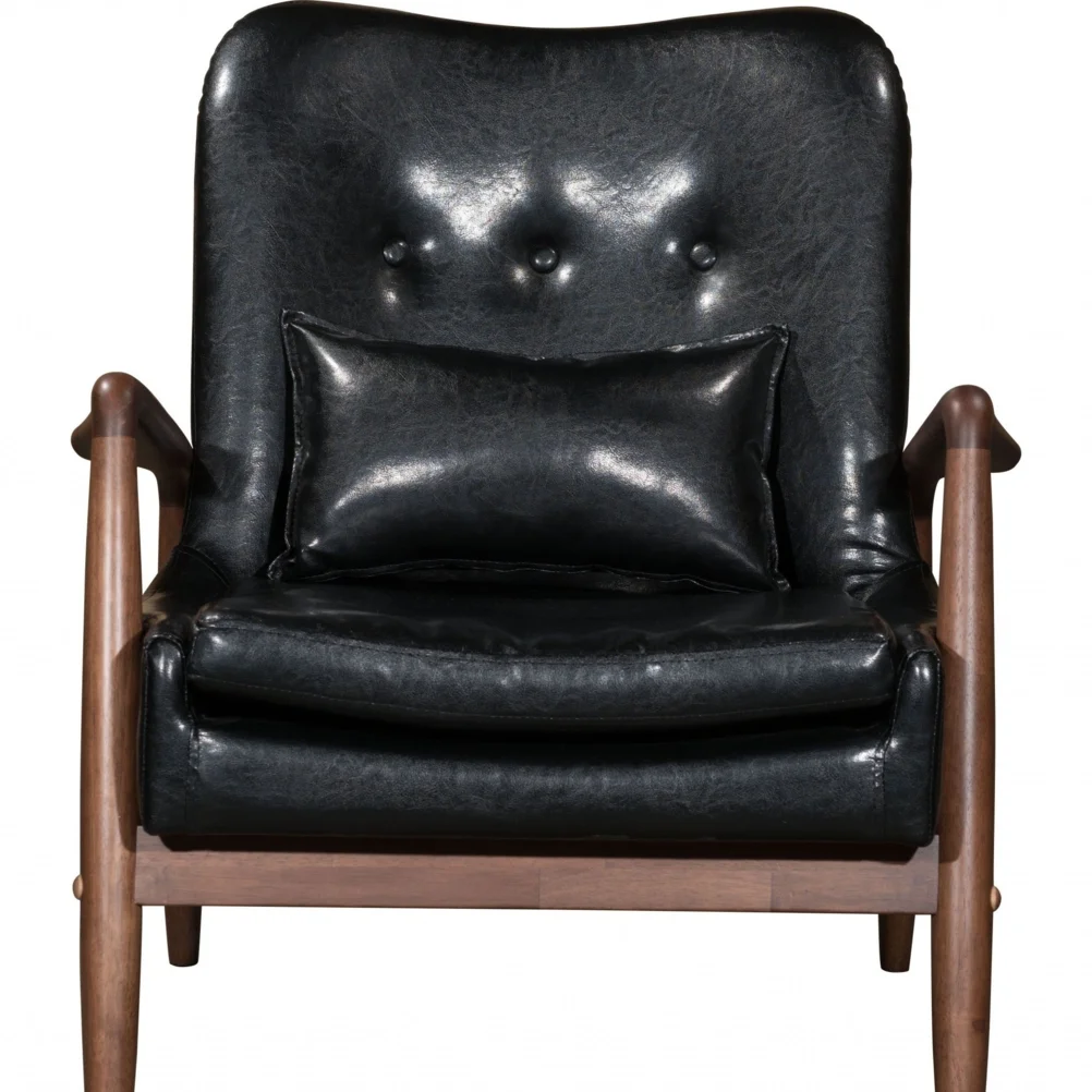 HomeRoots 394540 32.7 x 30.3 x 33.5 in. Walnut & Black Faux Leather Modern Retro Chair & Ottoman Set