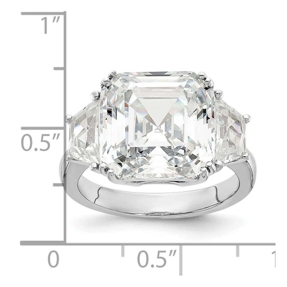 Cheryl M Sterling Silver Rhodium-plated Asscher-cut and Brilliant-cut CZ 3 Stone Ring Q-QCM1566-6