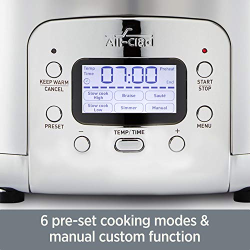 All-Clad 5 Quart 7-in-1 Electric Slow Cooker with Stainless Steel and Cast Iron, 1200W - Black Enamel Crock