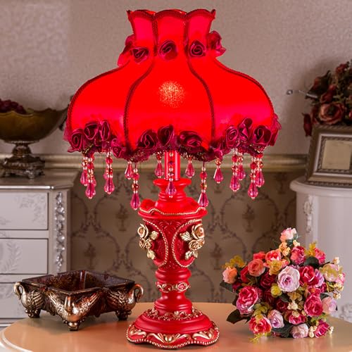 Lovely Table Lamp with Fabric Lampshade, Antique Flower Decorative Bedside Desk Lamp, Handmade Night Light for Bedroom Nightstand