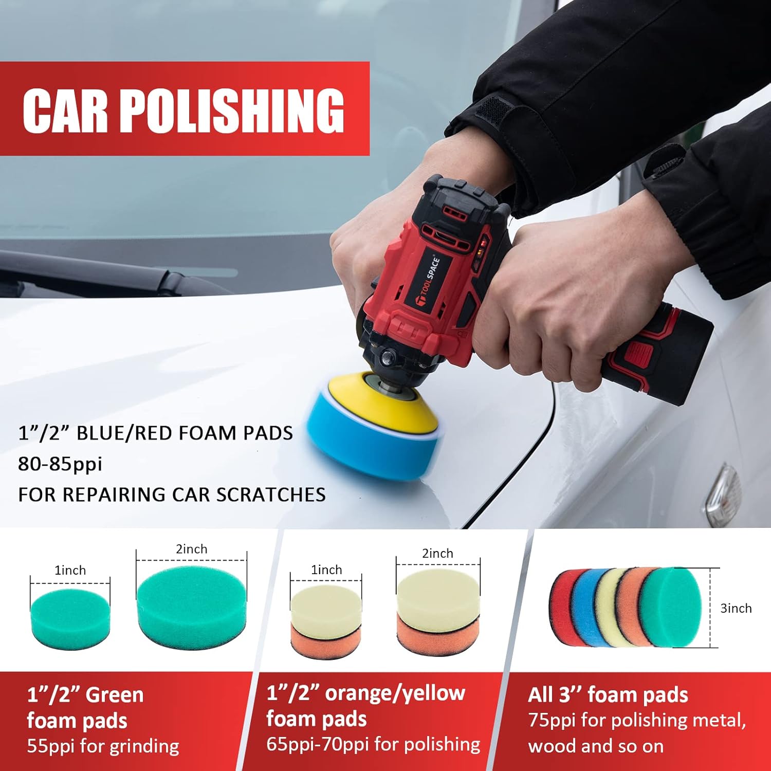 TOOLSPACE 46pcs Cordless Car Buffer Polisher Kit 12V 7800RPM with 2 x 2.0Ah Li-ion Batteries