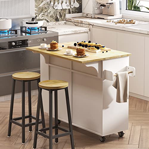 Rolling Kitchen Island with Trash Storage Cabinet, 2 Drawers, Kitchen Island with Drop Leaf, Kitchen Storage Islands Carts W/ 3 Spice Rack
