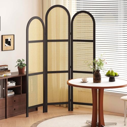 Room Divider and Folding Privacy Screens, Pine Wood 5.6 Ft Double Hinged Rattan Partition Freestanding Wall Room Divider for Home - 3 Panels